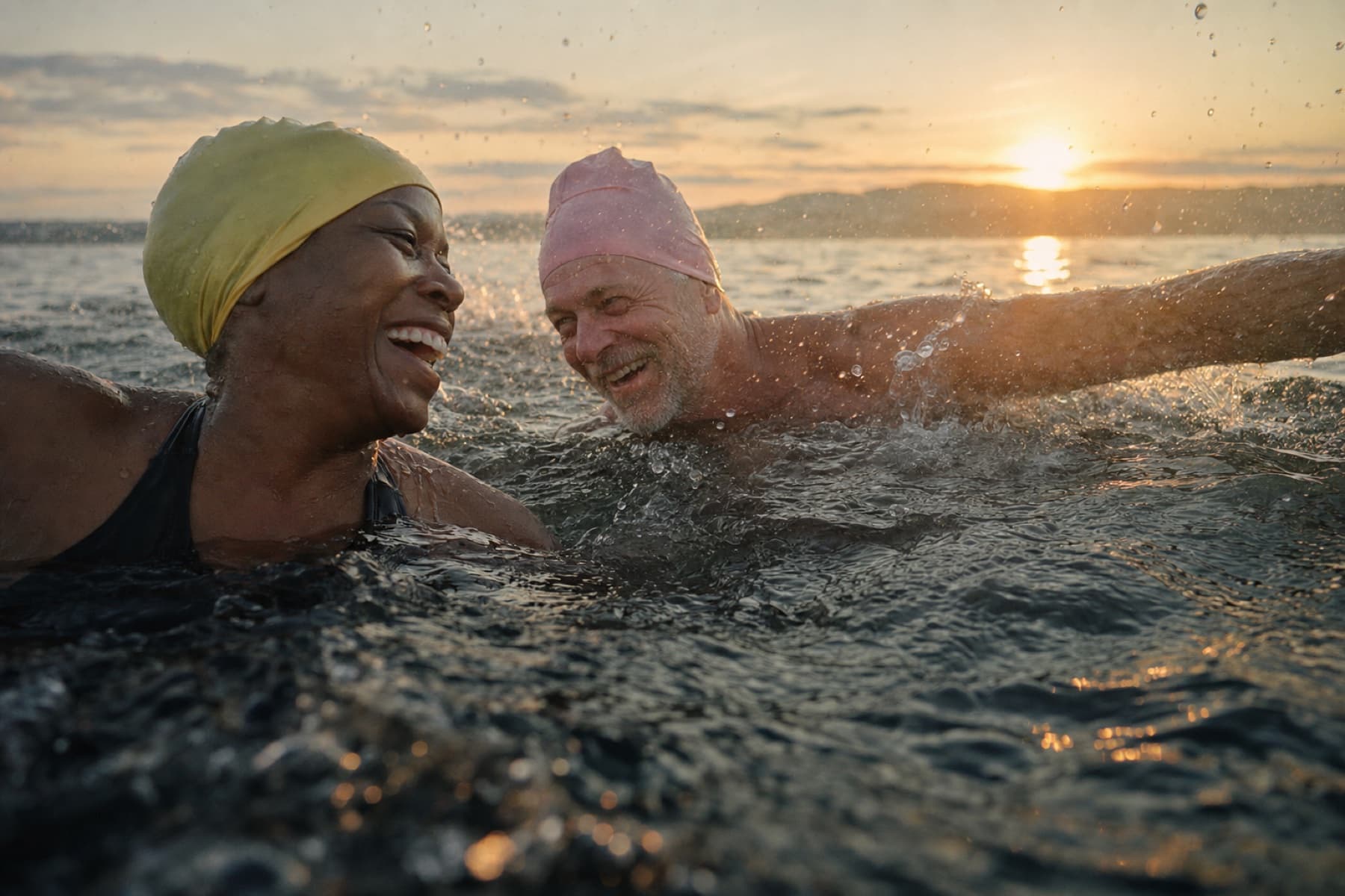 Two friends mid-stroke in an open-water swim at sunrise