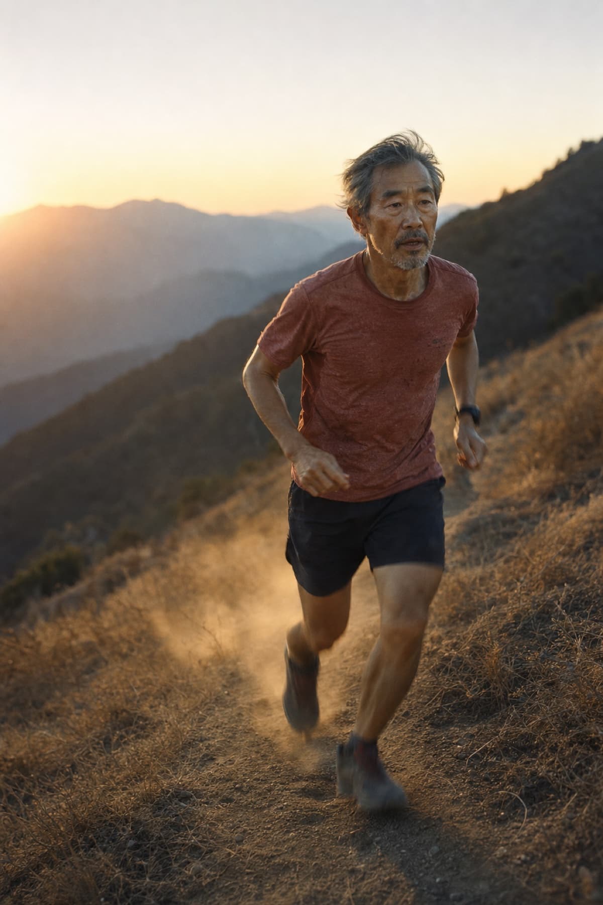 A man running up a dry hillside trail at dawn
